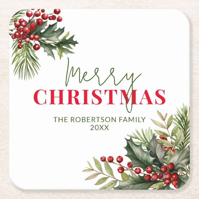 Holly and Pine on White Christmas Party Square Paper Coaster (Front)