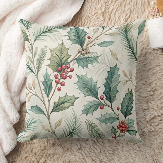 Holly and Pine Pattern - Christmas Botanical Throw Pillow (Blanket)