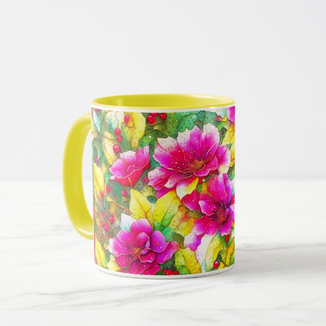 Holly and Pink Flowers Art Holiday Mug Cup (Front Left)