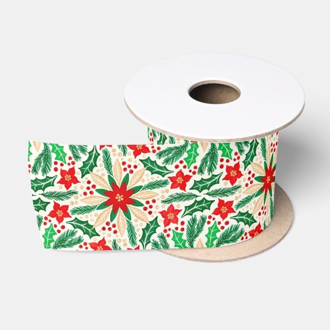 Holly and Poinsettia Botanical Holiday Pattern  Satin Ribbon (Spool)