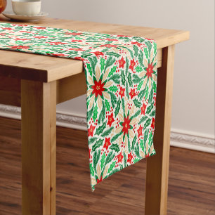 Holly and Poinsettia Botanical Holiday Pattern  Short Table Runner
