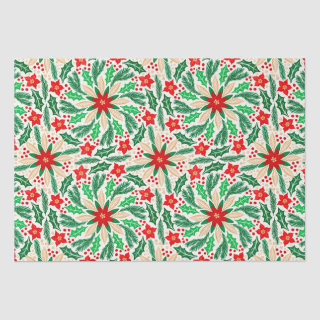 Holly and Poinsettia Botanical Holiday Pattern  Tissue Paper (Front)