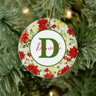 Holly and Poinsettia personalized Ceramic Ornament