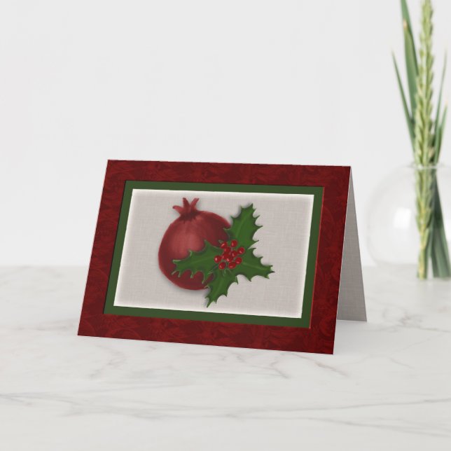 Holly and Pomegranate Damask Framed Holiday Card (Front)