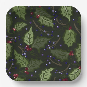 Holly and Purple Berries Festive Paper Plate