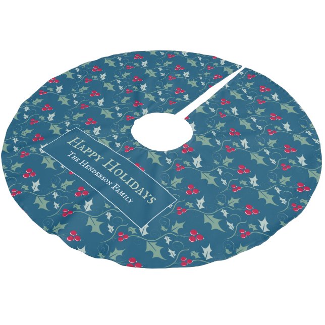 Holly and red berries foliage pattern custom brushed polyester tree skirt (Angled)