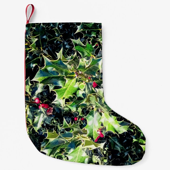 Holly and red berries small christmas stocking (Front)