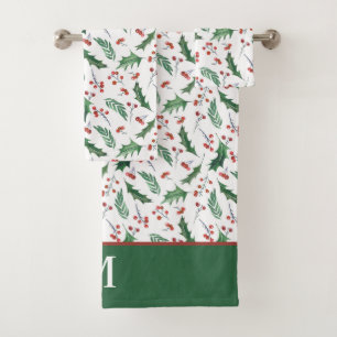 Holly and Red Berry Christmas Pattern Monogram Bath Towel Set