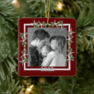 Holly and Starfish Red Family Photo Frame Ceramic Ornament