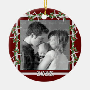 Holly and Starfish Red Family Photo Frame Ceramic Ornament