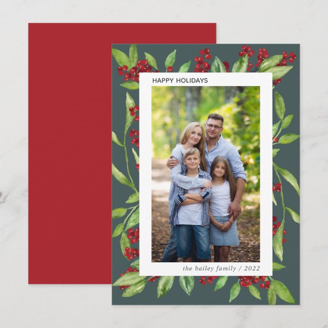 Holly and Watercolor Greenery Photo Holiday Card (Front/Back)