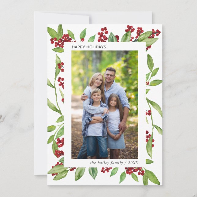 Holly and Watercolor Greenery Photo Holiday Card (Front)