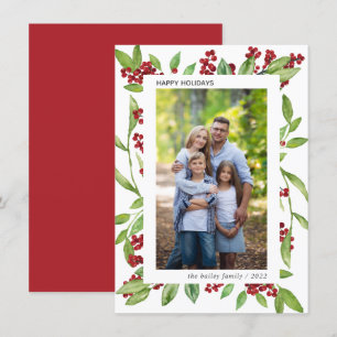 Holly and Watercolor Greenery Photo Holiday Card