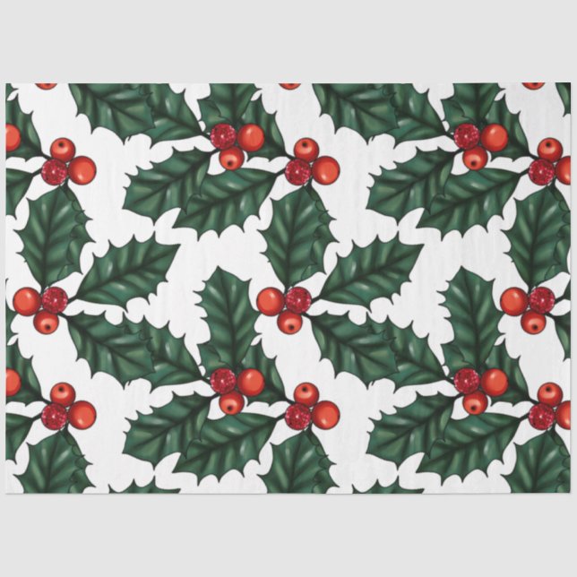 Holly and Winter Berries Greenery Christmas Tissue Paper (Front)