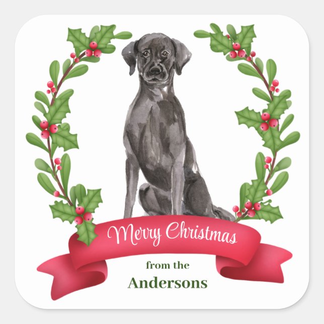 Holly Banner Black Labrador Retriever Christmas Square Sticker (Front)