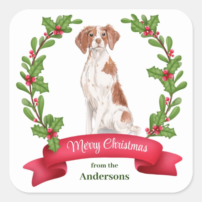 Holly Banner Brittany Dog Christmas Square Sticker (Front)