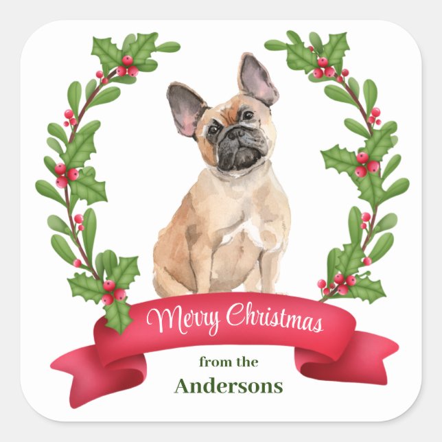 Holly Banner French Bulldog Christmas Square Sticker (Front)