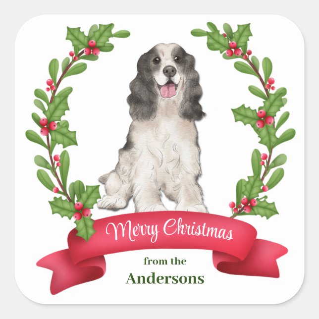 Holly Banner Parti Colour Cocker Spaniel Christmas Square Sticker (Front)