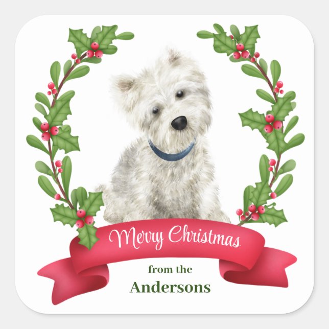 Holly Banner West Highland White Terrier Christmas Square Sticker (Front)