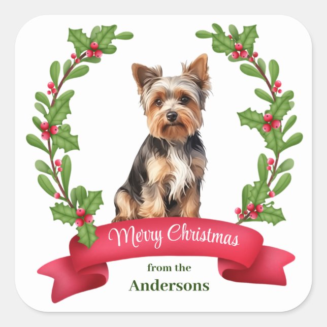 Holly Banner Yorkshire Terrier Christmas Square Sticker (Front)
