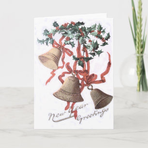 Holly Bell Red Ribbon Holiday Card