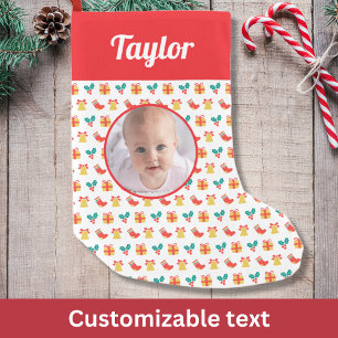 Holly Bell Stocking Pattern Custom Text Name Photo