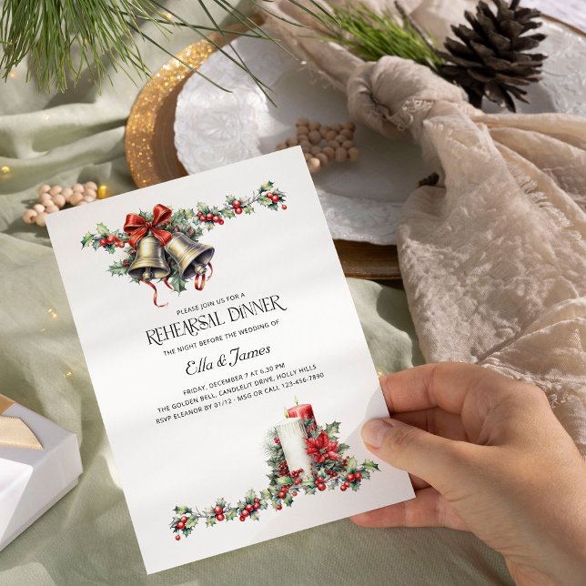 Holly Bells Candle Winter Wedding Rehearsal Dinner Invitation (Wedding Rehearsal Dinner Invitation from the Holly Bells Wedding collection by Darling & May)