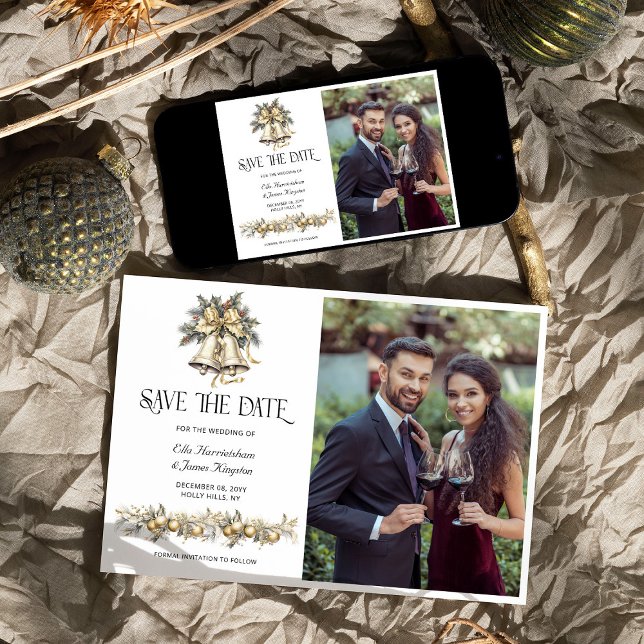 Holly Bells Christmas Wedding Photo Save The Date (Save the Date with Photo from the Holly Bells Wedding Collection by Darling & May)