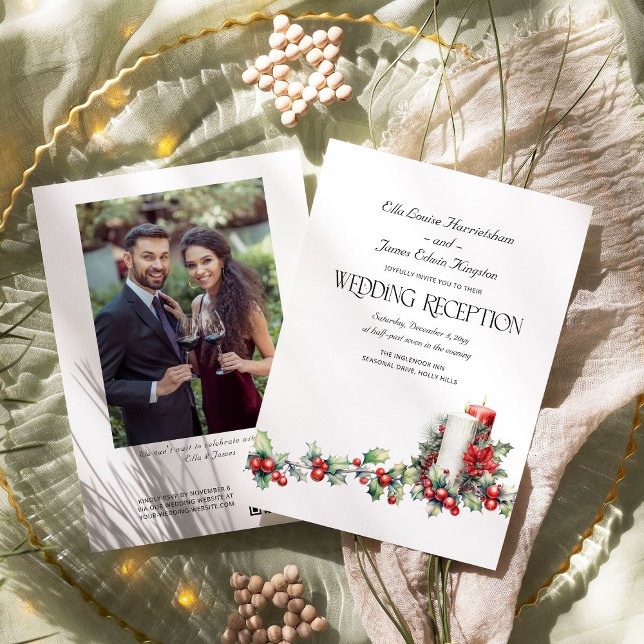 Holly Bells Red Berries Winter Wedding Reception Invitation (Wedding Reception Invitation from the Holly Bells Wedding collection by Darling & May)