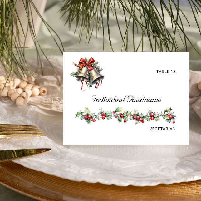 Holly Bells Winter Wedding Guest Name Place Card (Guest Name Place Card from the Holly Bells Wedding Collection by Darling and May)