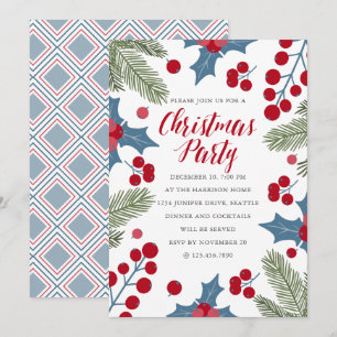 Holly Berries and Ferns Christmas Party Invitation