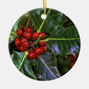 Holly Berries and Leaves Ceramic Ornament