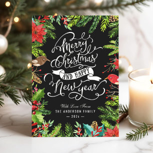 Holly Berries and Pines   Merry Christmas New Year Holiday Card