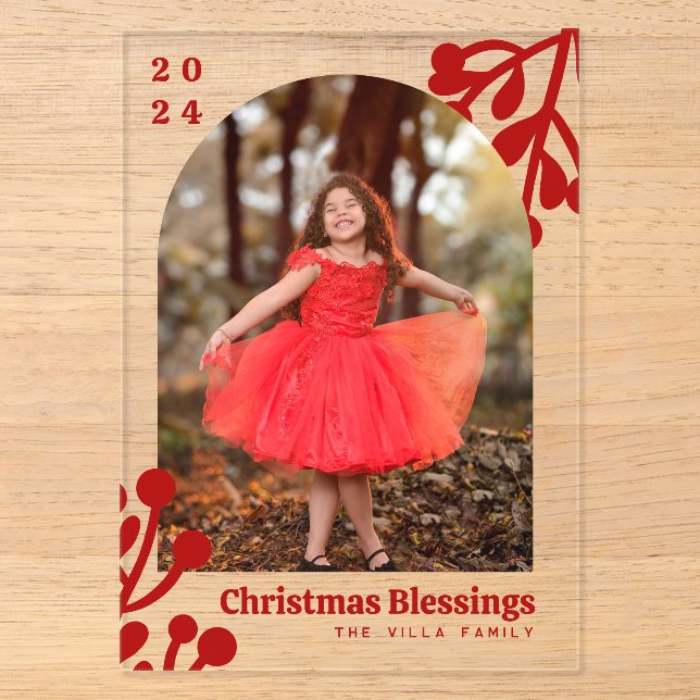 Holly Berries Arch Photo Red Christmas Acrylic Invitations (Front)