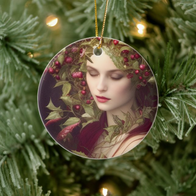 Holly Berries Beautiful Woman  Christmas   Ceramic Ornament (Tree)