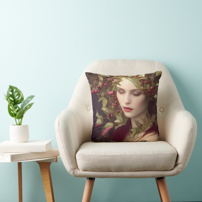 Holly Berries Beautiful Woman  Christmas  Throw Pillow (Chair)