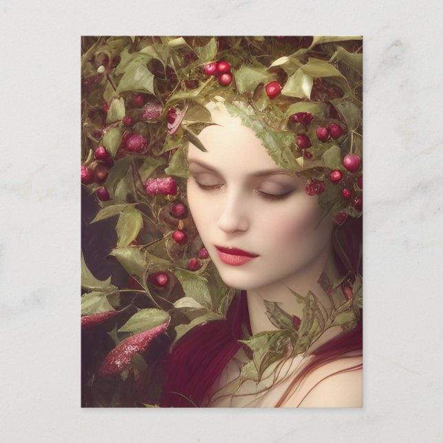 Holly Berries Beautiful Woman Portrait   Postcard (Front)