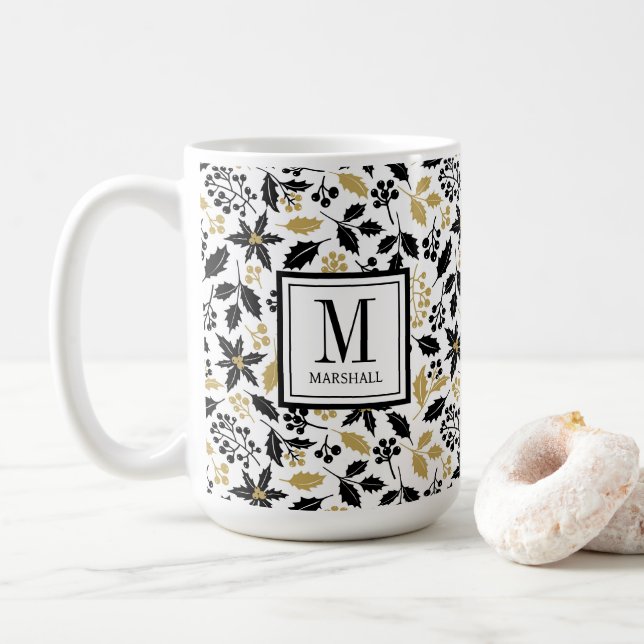 Holly Berries Black Gold Name Monogram Christmas Coffee Mug (With Donut)