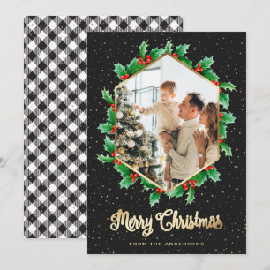 Holly Berries Black Gold Plaid Photo Christmas Holiday Card