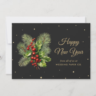 Holly Berries Botanical Black Happy New Year Card