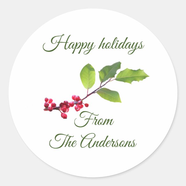 holly berries branch text Happy hollidays Classic Round Sticker (Front)