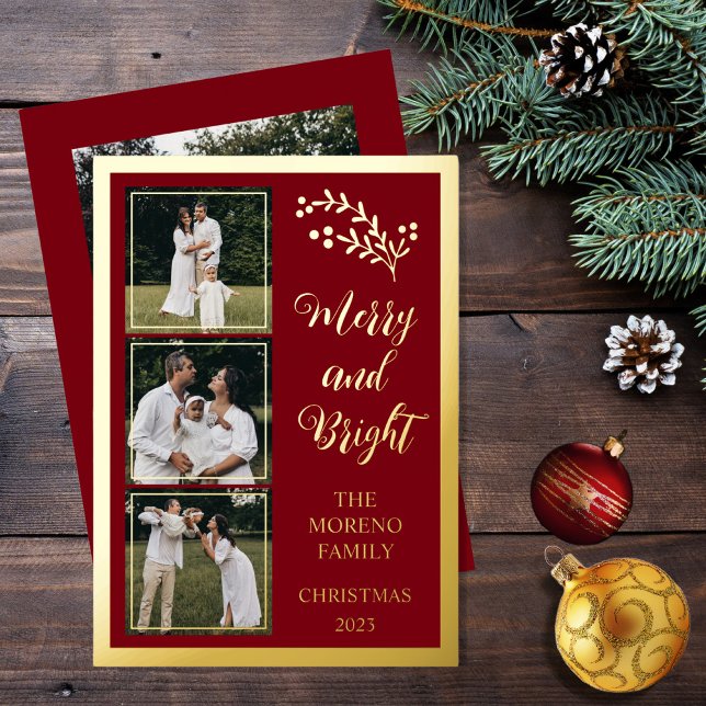 Holly | Berries Christmas 4 Photo Merry and Bright Foil Holiday Card (Boho chic minimalist four-photo collage "Merry and Bright" dark red and gold foil holiday card)