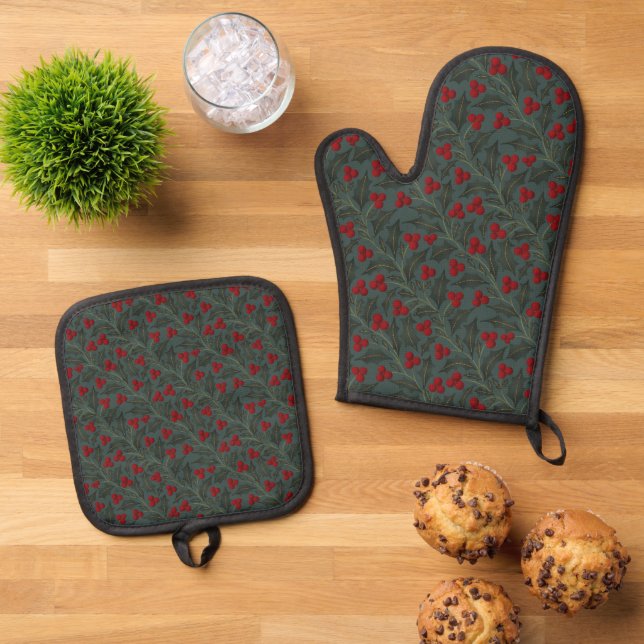 Holly Berries Christmas Oven Mitt & Pot Holder Set (Top Down)