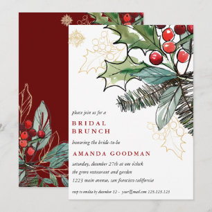 Holly Berries Christmas Wedding Bridal Brunch Invitation