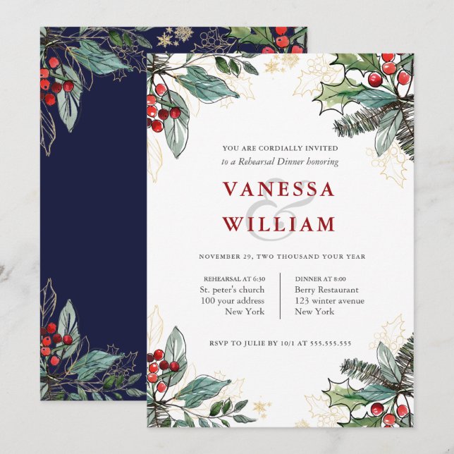 Holly Berries Christmas Wedding  Rehearsal Dinner Invitation (Front/Back)