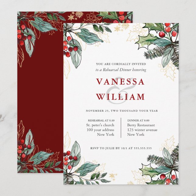 Holly Berries Christmas Wedding  Rehearsal Dinner Invitation (Front/Back)