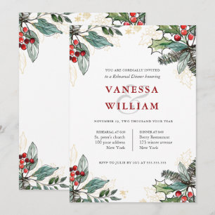 Holly Berries Christmas Wedding Rehearsal Dinner Invitation