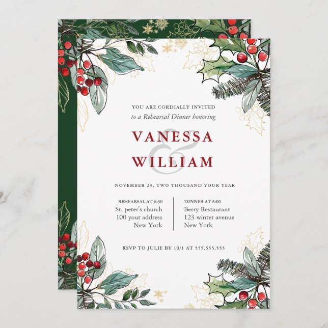 Holly Berries Christmas Wedding  Rehearsal Dinner Invitation (Front/Back)