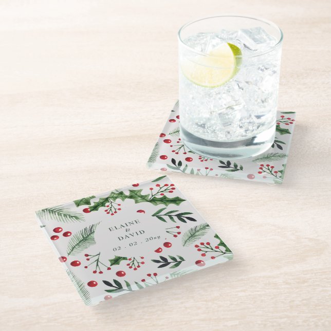 Holly Berries Christmas Winter Wedding Glass Coaster (Angled)