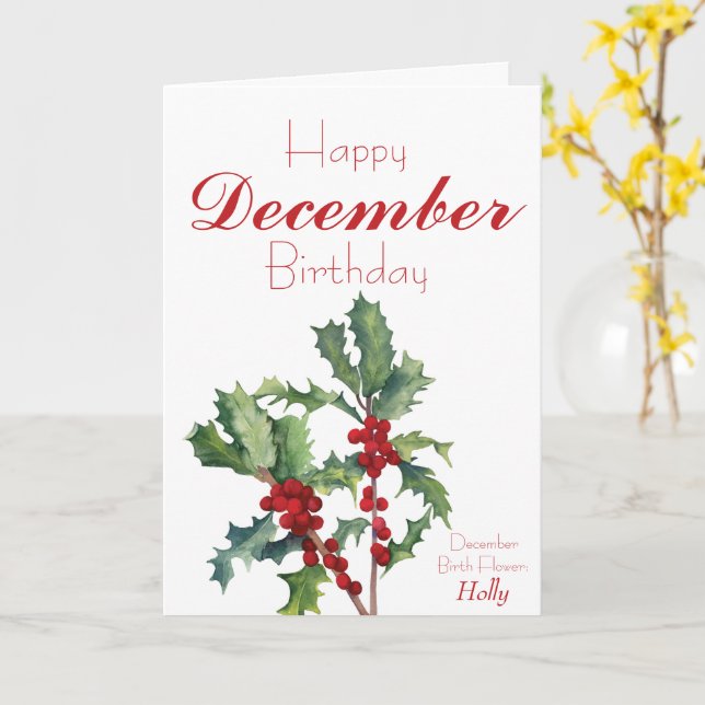 Holly Berries December Birthday Card (Yellow Flower)
